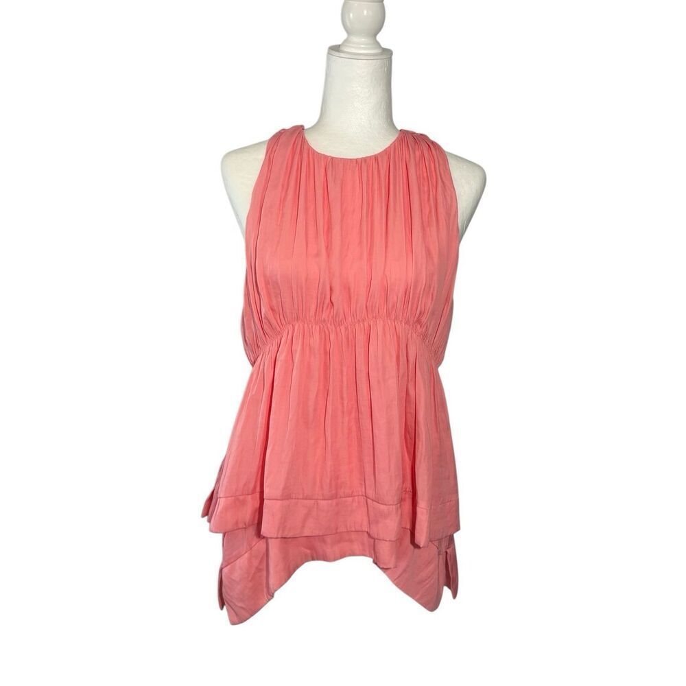 DO+BE coral pink sleeveless ruched blouse with a layered tiered asymmetrical hem